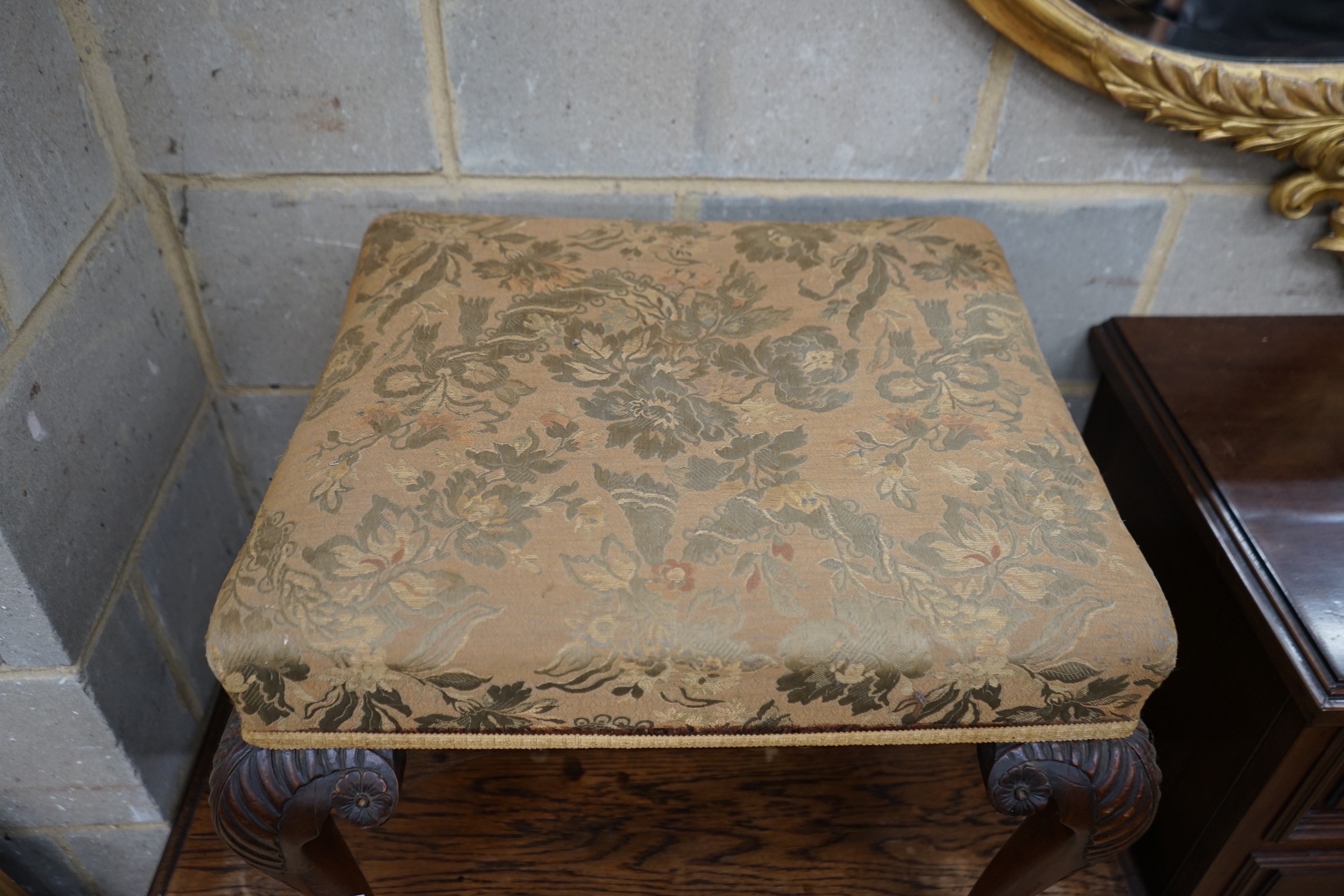 A George II style walnut dressing stool, width 57cm, depth 49cm, height 44cm